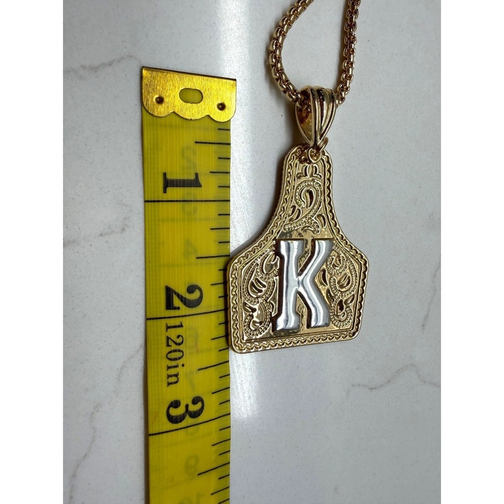 Western Cattle Tag Initial‎ K Pendant Necklace Engraved Filigree Gold NWOT - Picture 8 of 10